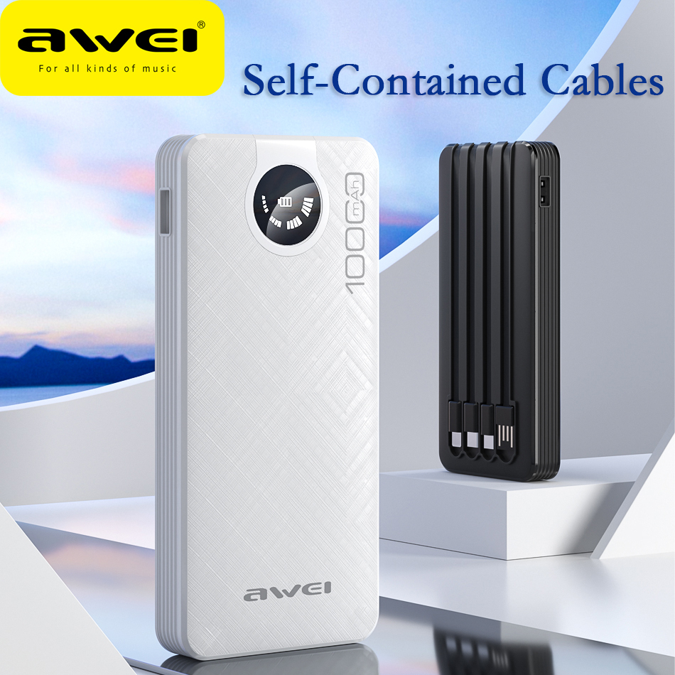 Awei P133K 10,000mAh 2.1A  Charging Mobile Power Bank With Cables 1W 4-in-1