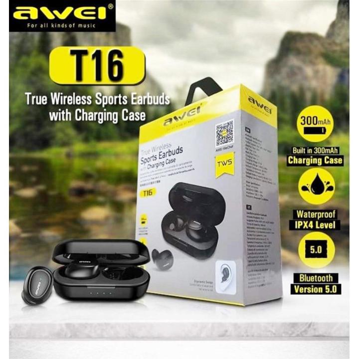 Awei T16 True Wireless Sports ,Stereo Bluetooth 5.0 Earbud Earphone With Charging Case