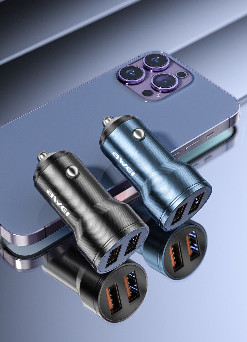 Awei C-855 Fast Car charger Aluminum Alloy Dual port fast for phones ,Tablets & iPads