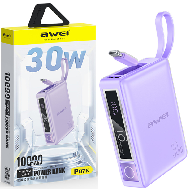Awei P87K 10,000mAh Power Bank Mini 30W Built-In Cable 30W Fast Charging