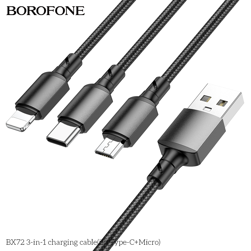 BOROFONE BX72 3-in-1 High Speed Charging Cable(iPhone +Type-C+Micro). 2A