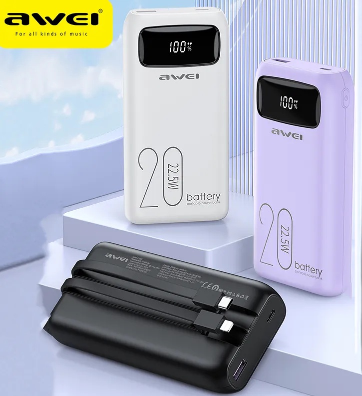 Awei P169K 20,000mAh Power Bank  Fast Charger Built in Type C Cable & Digital Display 