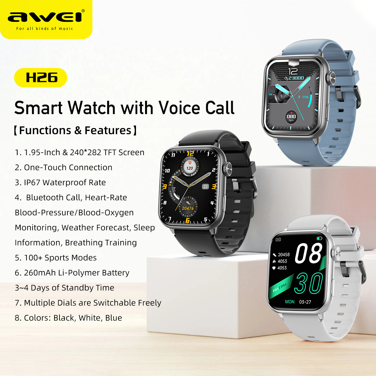 Awei H26 Smart Watch 1.95’‘ Display Bluetooth Call  Fitness Modes Blood Oxygen Detection