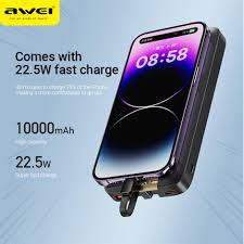 Awei P166K 10,000mAh Portable Power Bank 22.5W Fast Charging LED Display with Built-in Cable 