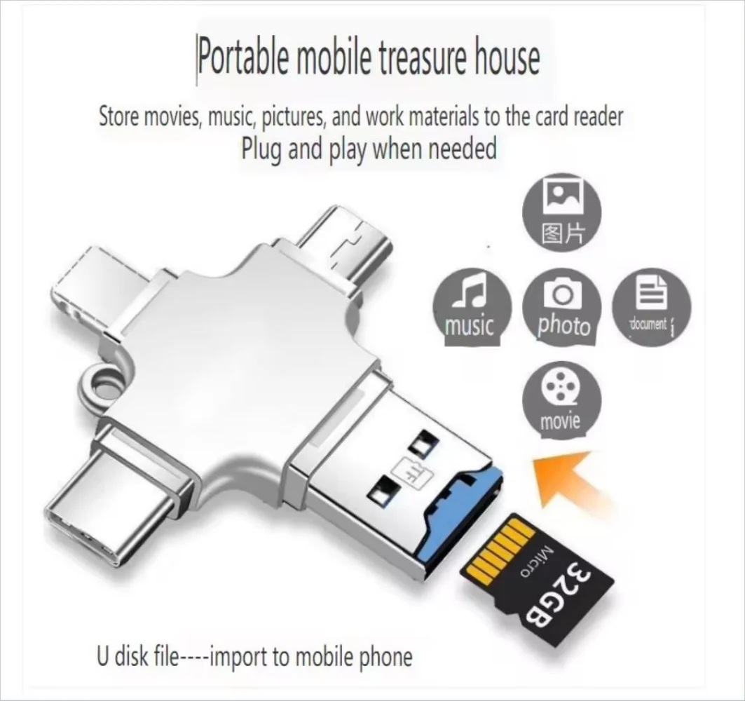 4 In 1 Memory Micro SD Card Reader For IPhone Ipad Android Mac PC Camera Type C Lighting Usb C Android Reader Portable Reader