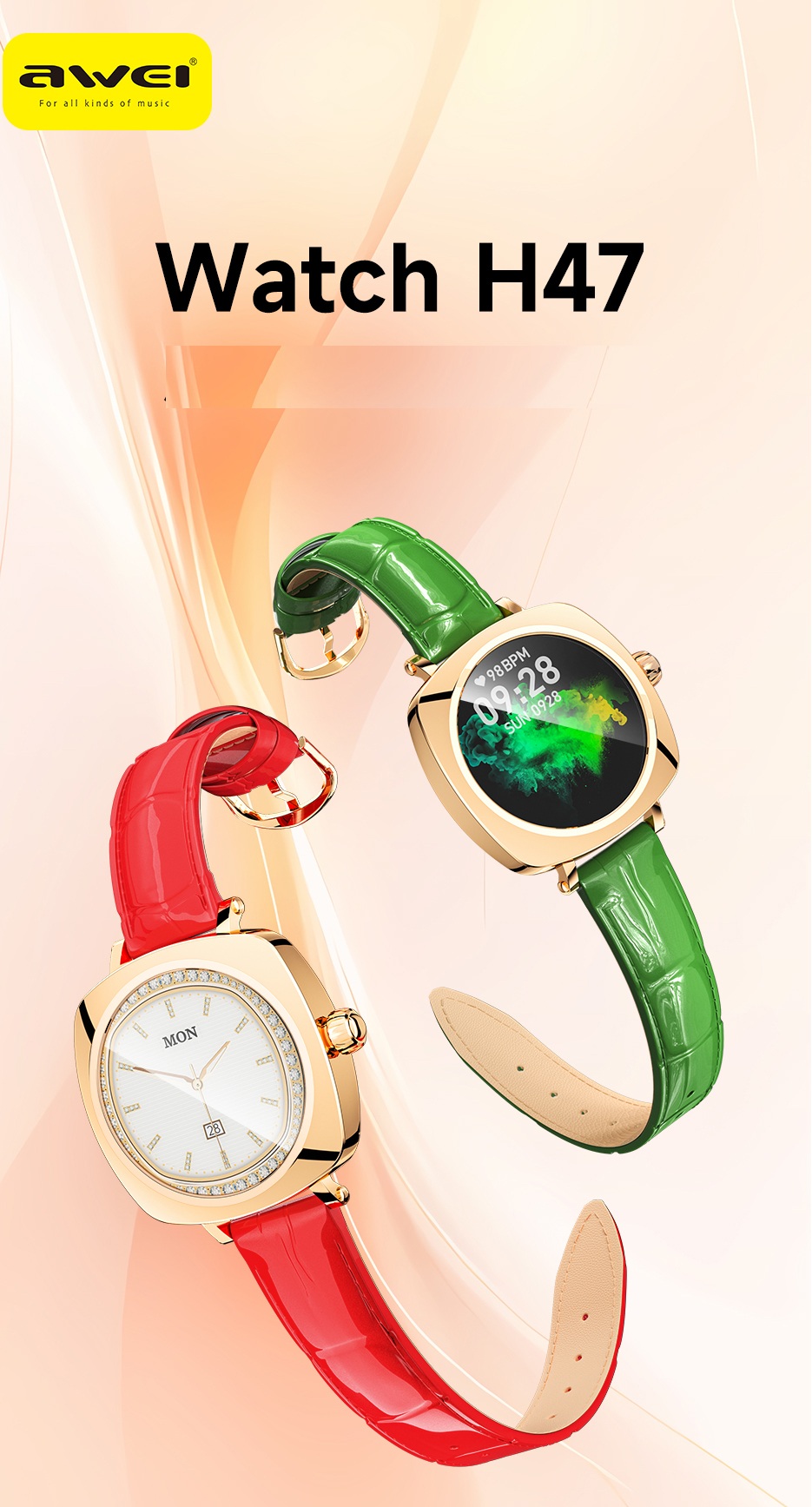 Awei H47 Smart Watch 1.19" AMOLED Display, Bluetooth Call Health Monitoring
