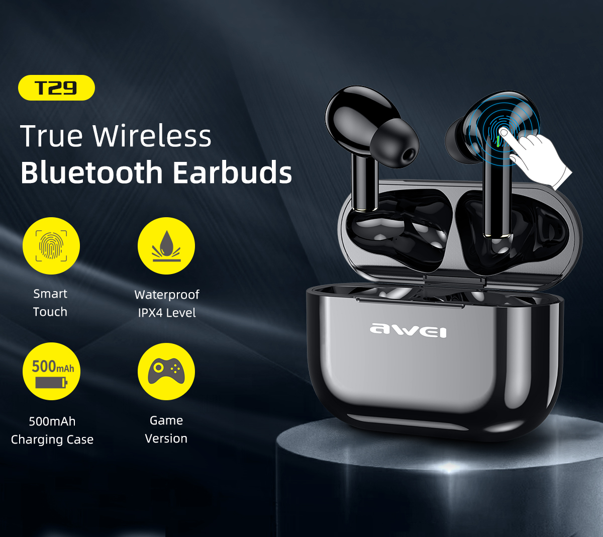 Awei T29 Bluetooth Earphone Clean Stereo Sound & Touch Control With Mic