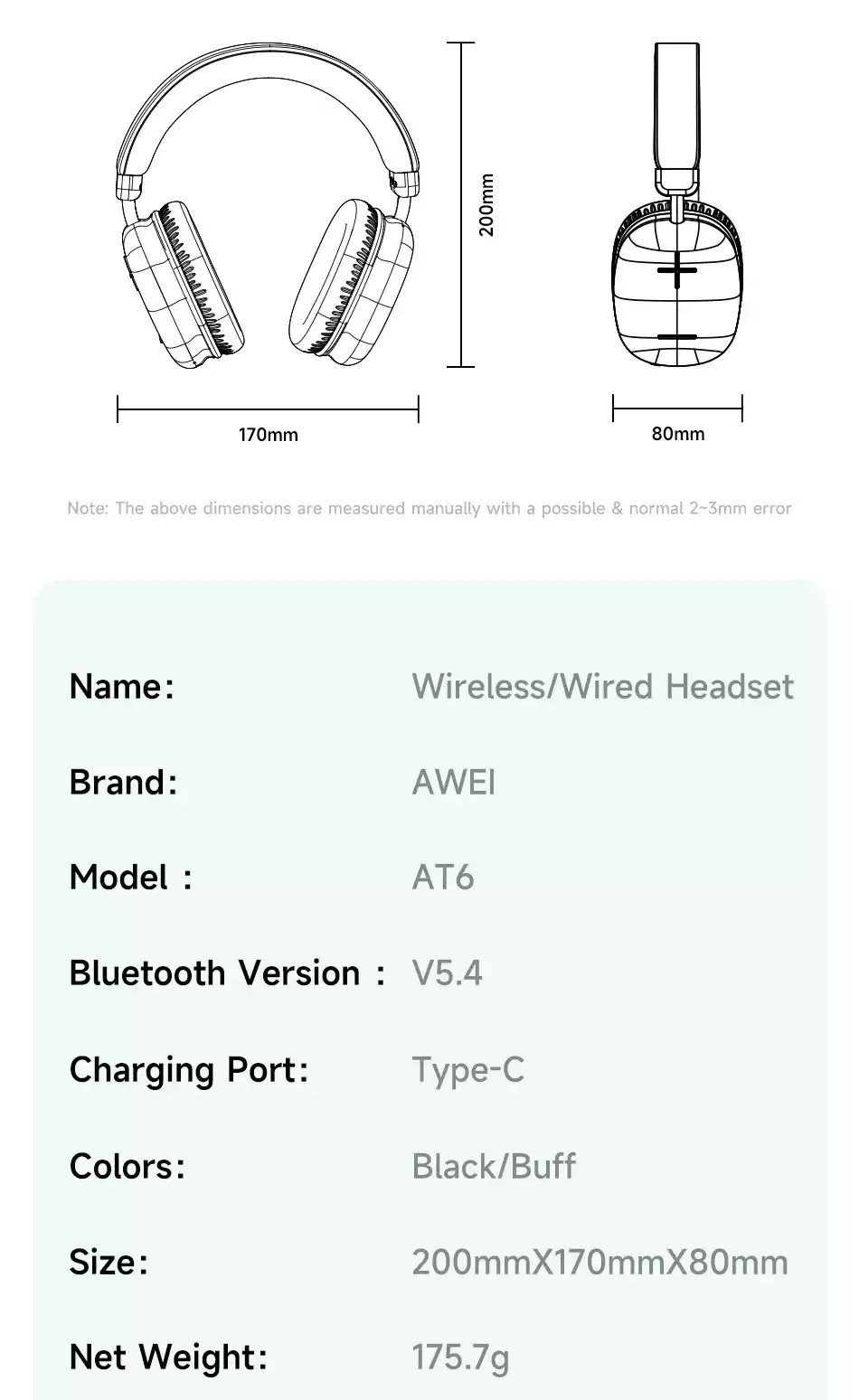Awei AT6 Wireless Bluetooth Headphone With Surround Sound Noise Cancelling