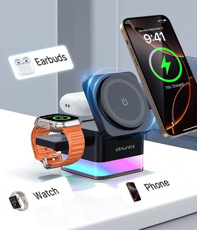 Awei W25 3 in 1 Wireless Charging Dock Foldable Adjustment Charger 