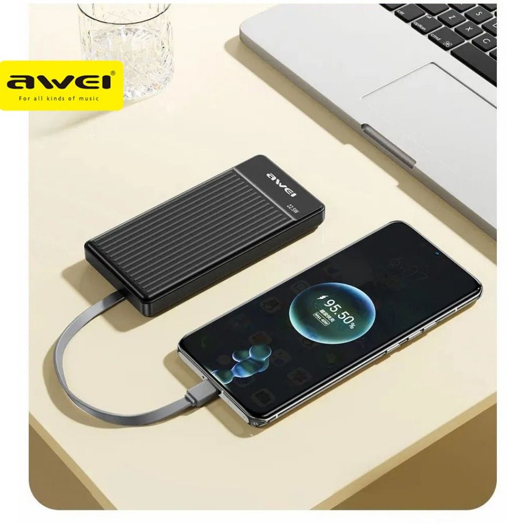 Awei P88K 10,000 Power Bank Compatible 15 Pro Max PD20W 22.5W Built In Cable Fast Charging