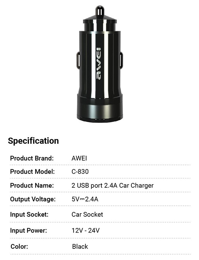 Awei C-830 Car Charger Dual USB Port 2.4A