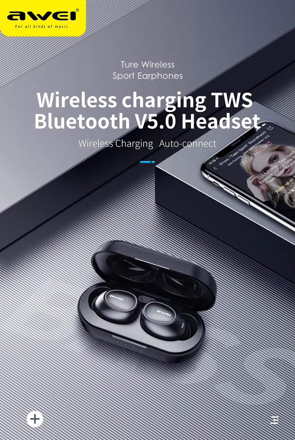 Awei T16 True Wireless Sports ,Stereo Bluetooth 5.0 Earbud Earphone With Charging Case