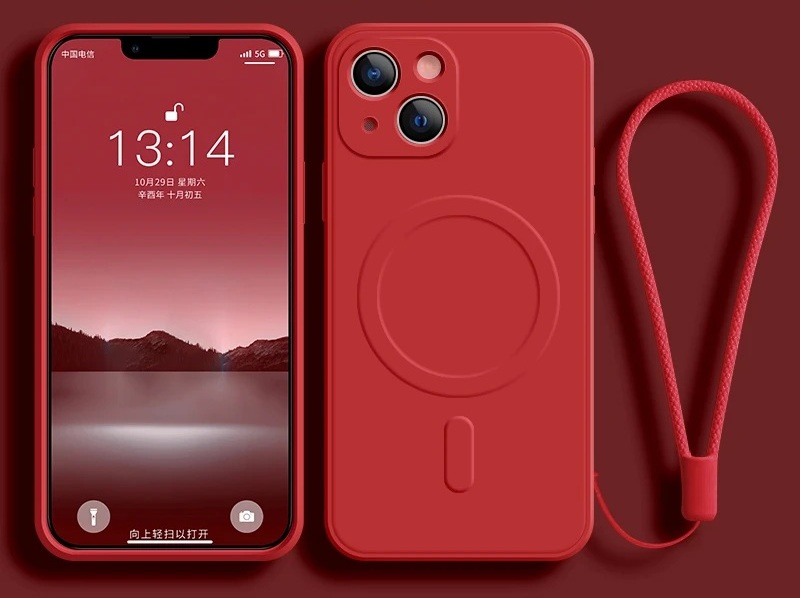 Magsafe Magnetic Wireless Charge Case For iPhone 17 Pro Max with Mini 16e Soft Liquid Silicone Strap Cover Red