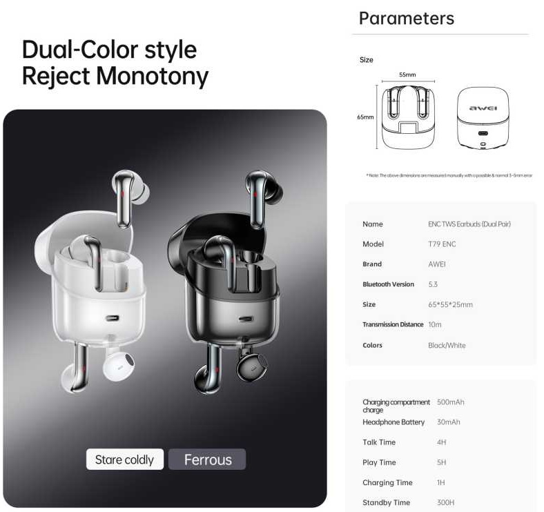 Awei T79 ENC Call Noise Cancelling Earbuds Heavy Bass Bluetooth Earphone with Mic