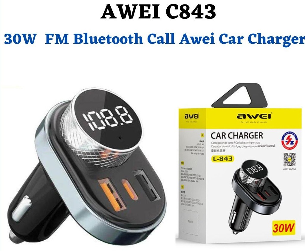 Awei C-843 Fast Car Charger Dual USB Audio Player TF Bluetooth Handsfree Calling