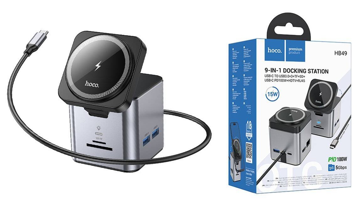 hoco HB49 Magnetic Wireless Charging  9 in 1 Type-C HUB to HDTV+PD +USB3.0*3+SD+TF+ RJ45 