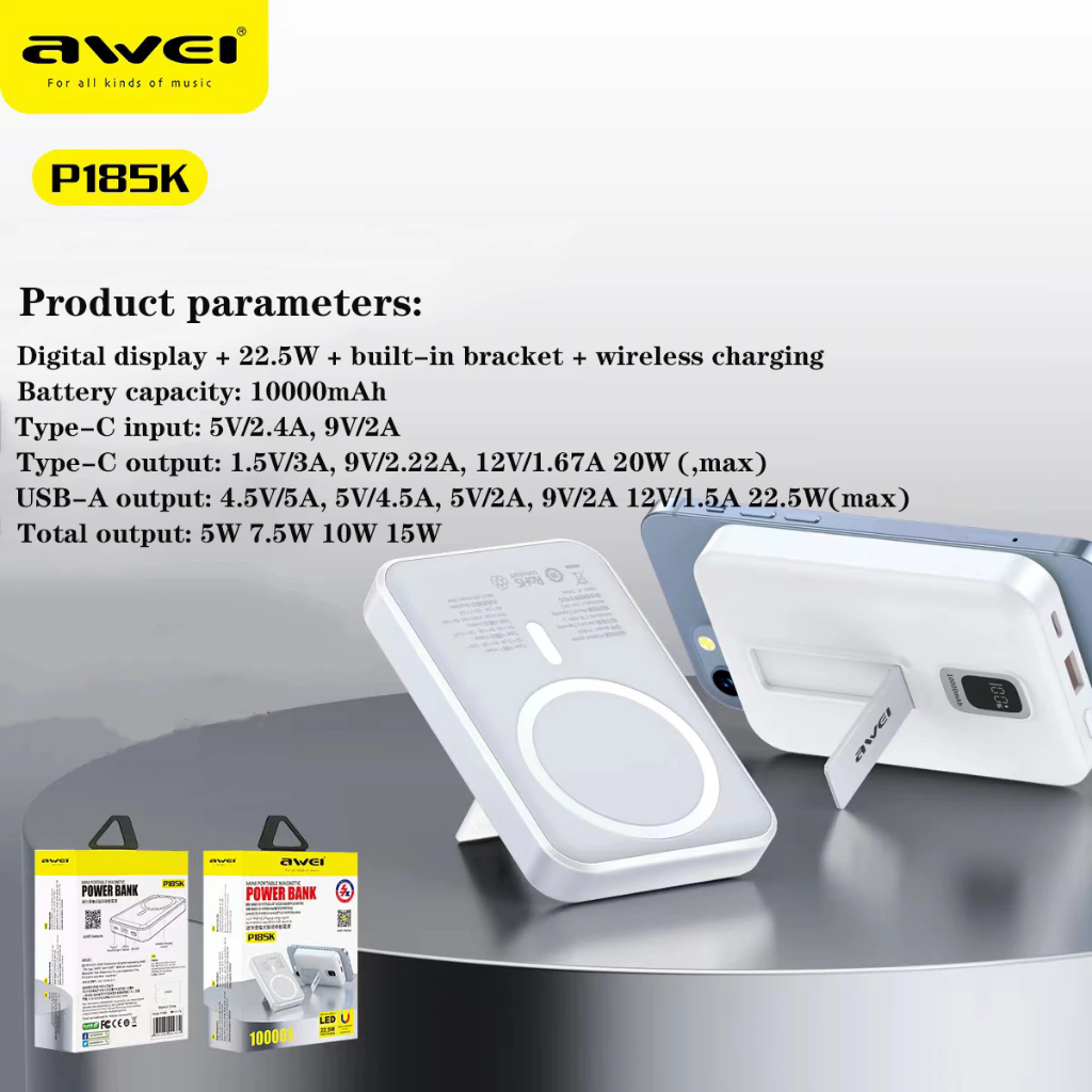 Awei P185K 10,000mAh Magnetic Wireless Power Bank Charger with Stand