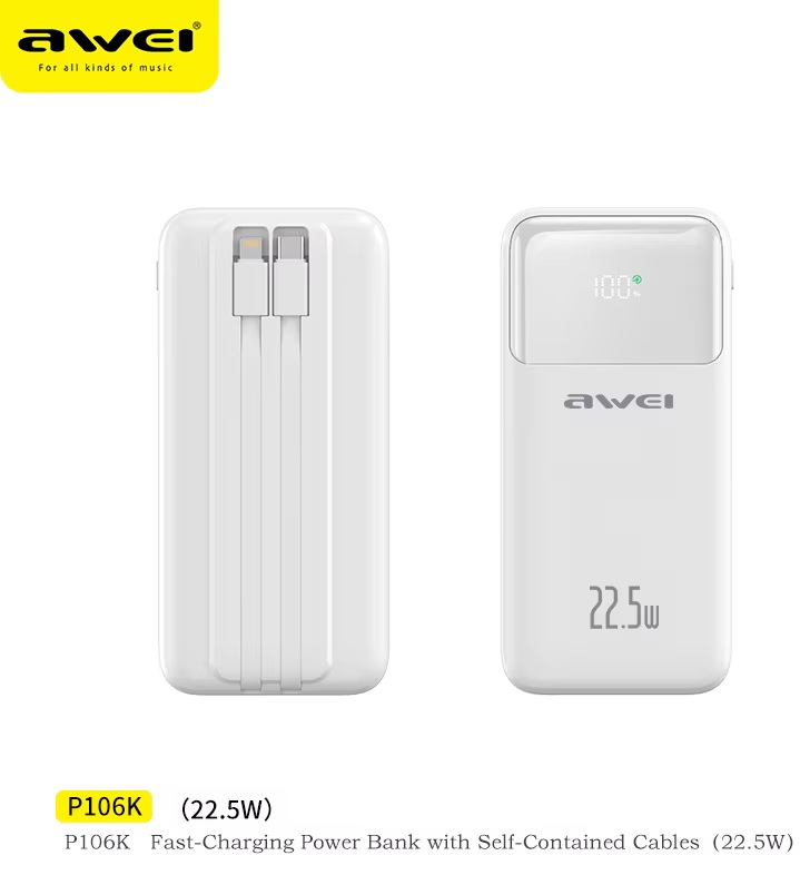 Awei P107K 20,000mAh 5-in-1 Power Bank With Type C & Lightning Cable PD22.5W Fast charge