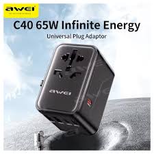 Awei C-40 65W GaN 3-Ports Universal Travel Adapter Charger With UK/ EU/ US Plugs