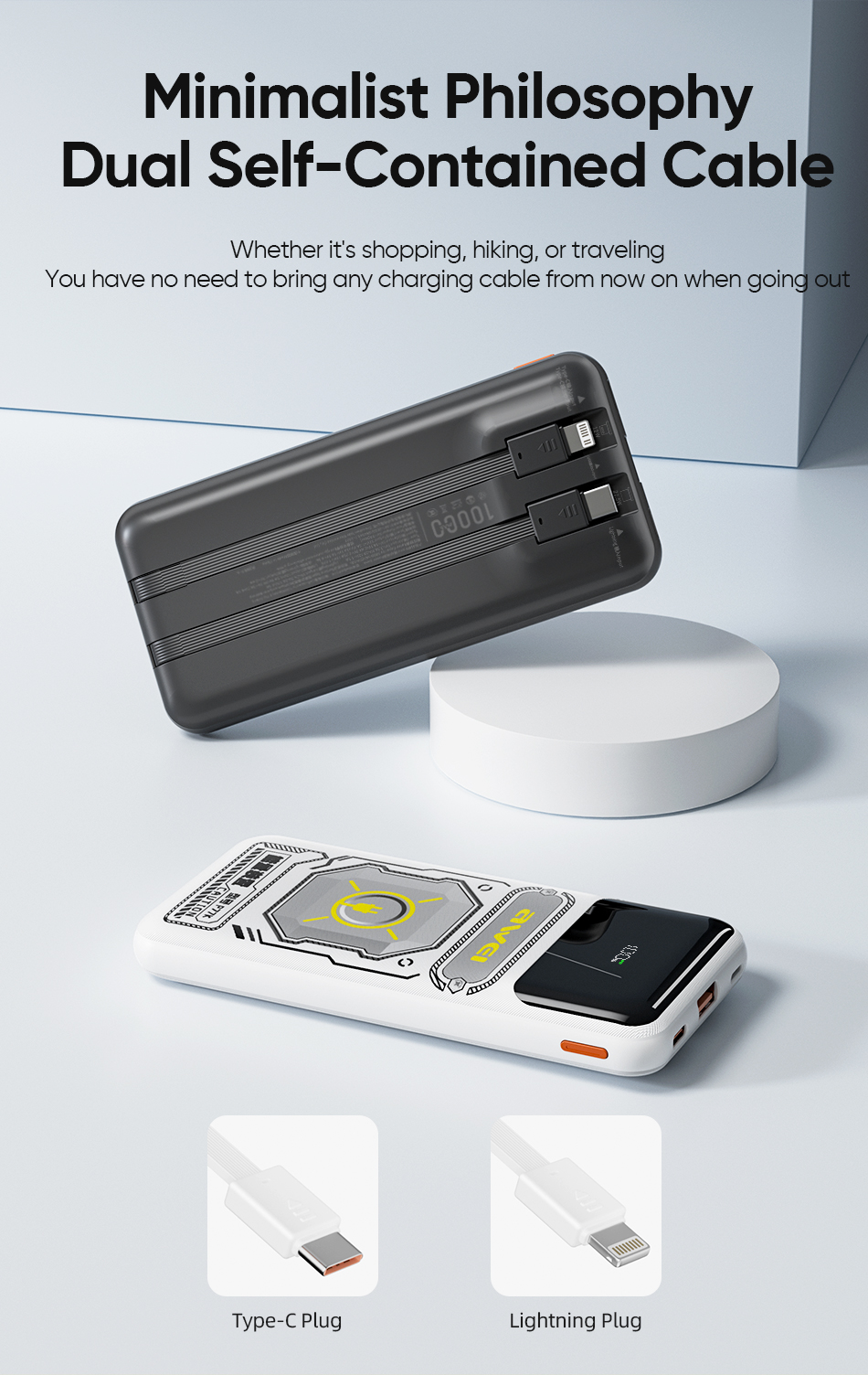 Awei P77K 10,000mAh Power Bank Built In Cable 22.5W Fast Charging 