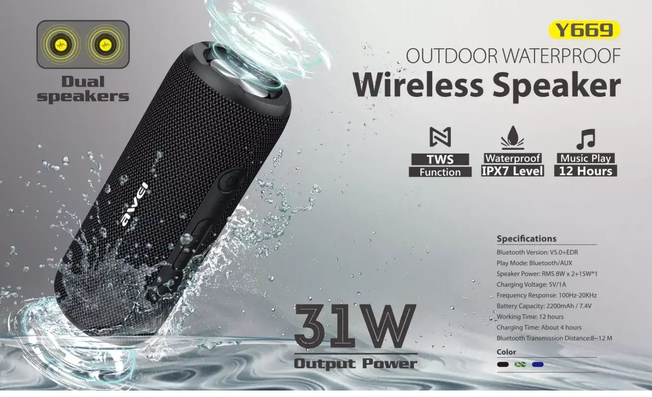 Awei Y669 Wireless Outdoor Speaker 31W Output Power Long Hours Music Play Time