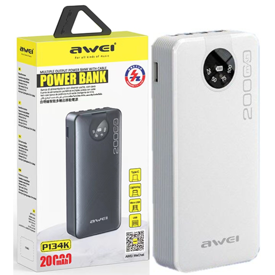 Awei P134K 20,000mAh 2.1A Power Bank With Cable &Type-C , Micro 4-in-1 Fast Charging 