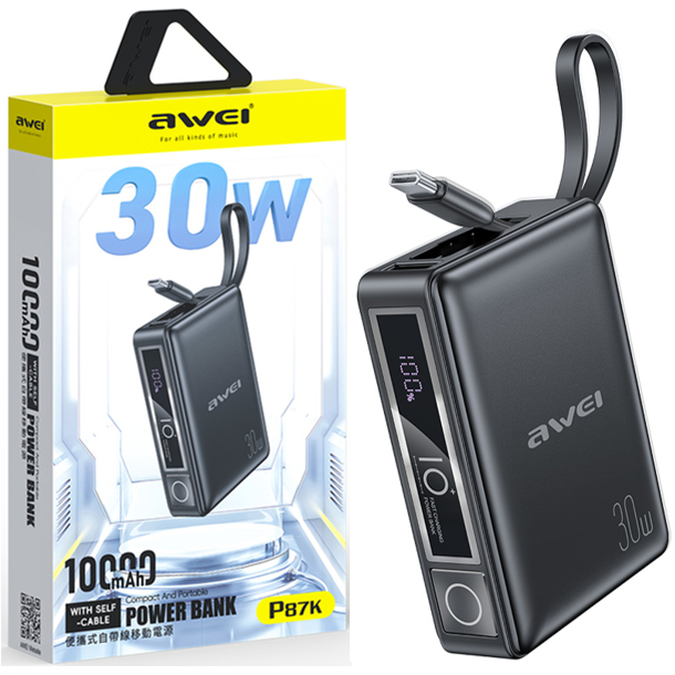 Awei P87K 10,000mAh Power Bank Mini 30W Built-In Cable 30W Fast Charging