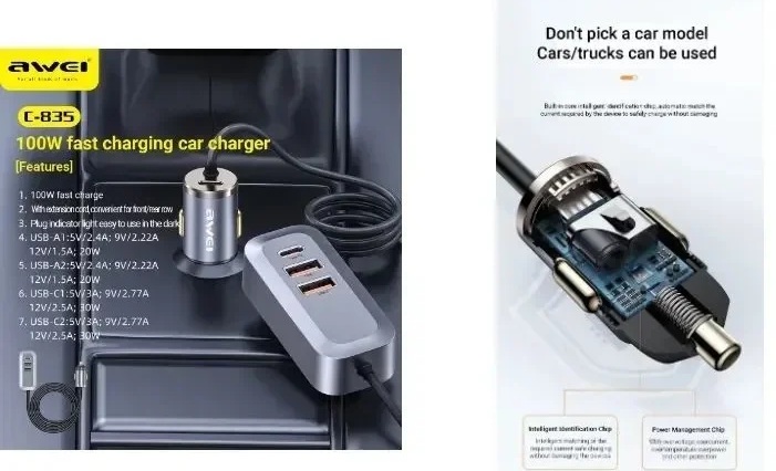 Awei C-835  Fast Car Charger Type-C 20W & USB Output