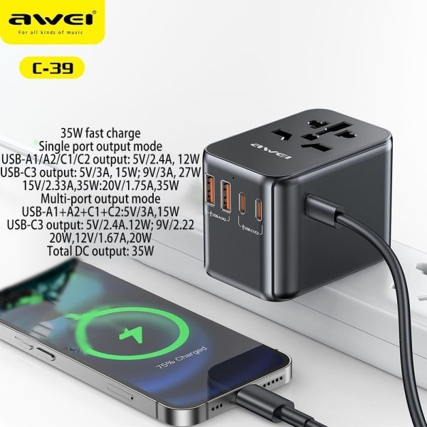 Awei C-39 35W Travel Adaptor Universal Plug 4 Port Multifunctional Universal Adapter