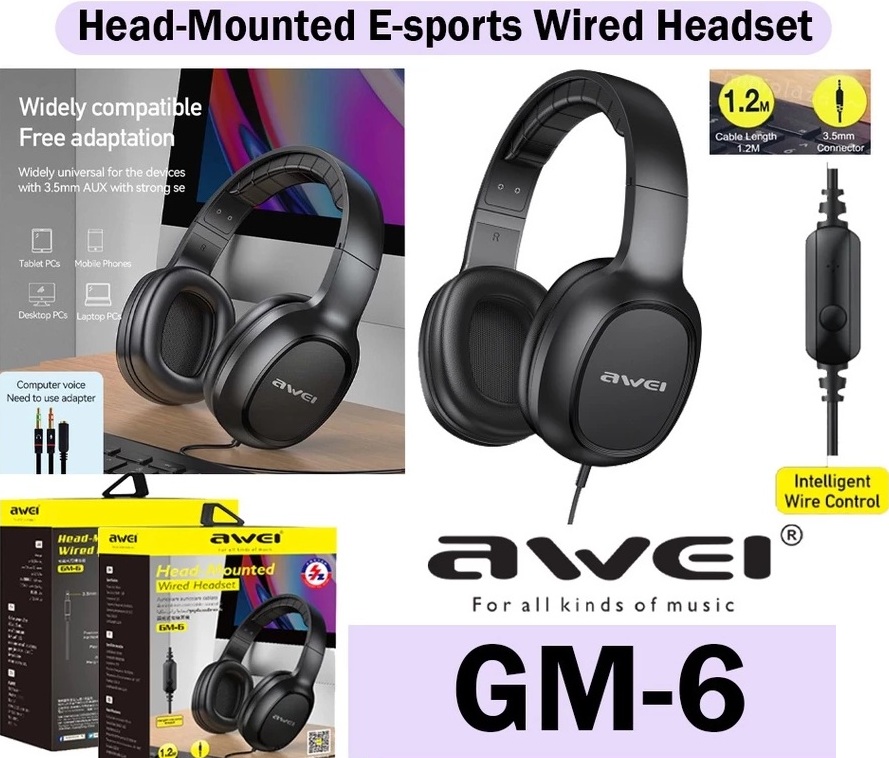 Awei GM-6 Wired Headset Wire Control Cable Length 1.2m & Diameter 3.5mm Pin