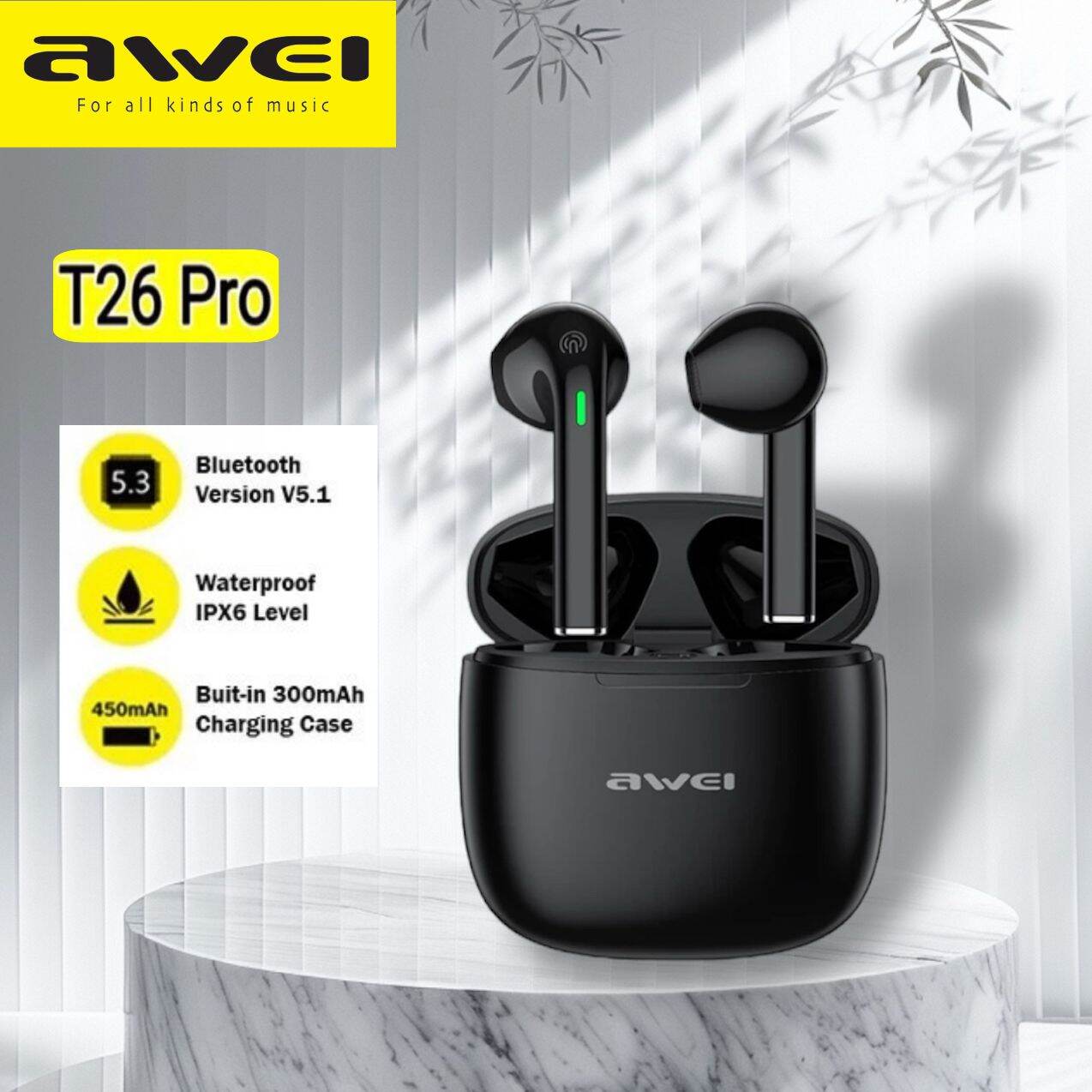 Awei T26 Pro Ture Wireless Sport Bluetooth Earphone Noise Canceling with Mic 