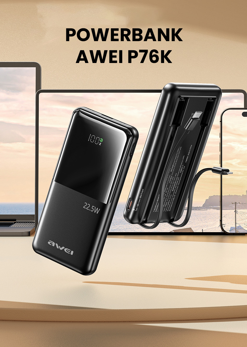 Awei P76K 10,000mAh Power Bank Thin & Portable 22.5W Built-In Cable Fast Charge