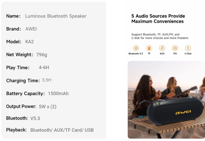 Awei KA2 Bluetooth Wireless Speakers RGB  Full Surround Sound Enhanced Bass 