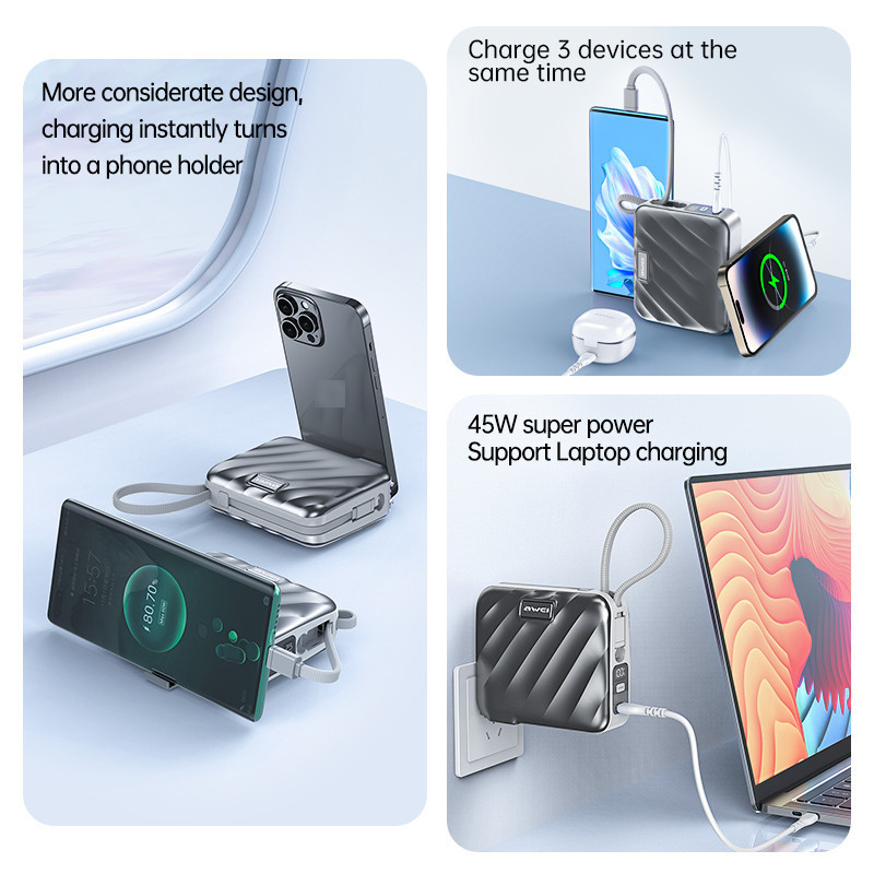 Awei P83K 15,000mAh 45W Power Bank Built In Cable with Wall Plug UK Plug