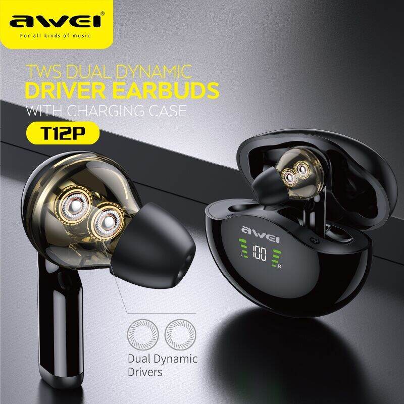 Awei T12P True Wireless Stereo Bluetooth Earphone Dual Dynamic Driver Earbuds LED Display Smart Touch