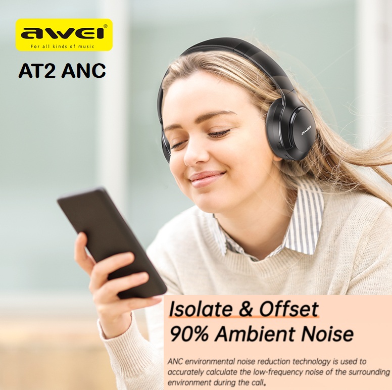 Awei AT2 ANC Wireless ANC Headphone Bluetooth 5.3 40mm Dynamic Driver 