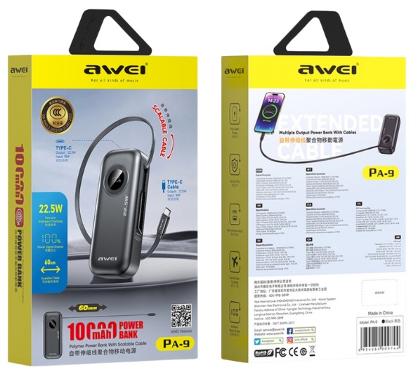 Awei PA-9 10,000mAh Power Bank Fast Charging 22.5W Built-in Cables 