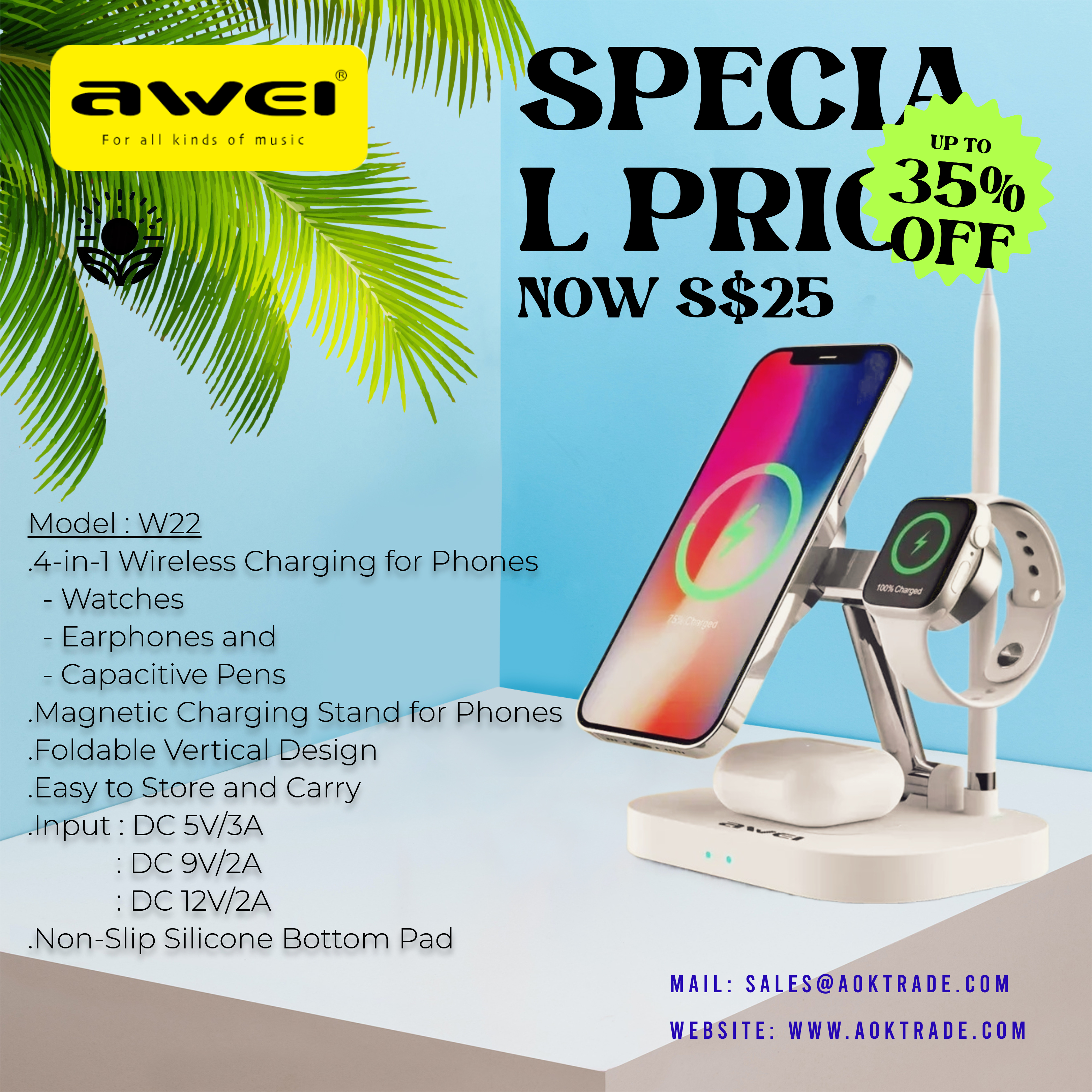 Awei W22 3-in-1 Magnetic Wireless Charger for Smartphones, Earbuds and Smartwatches 