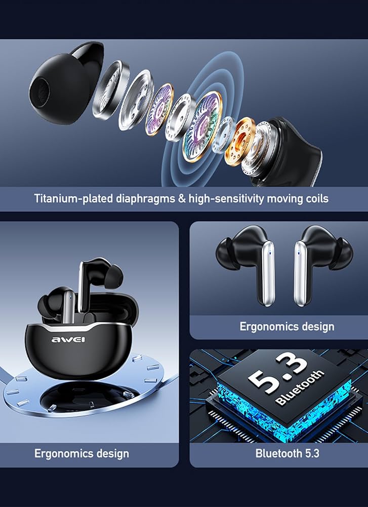 Awei T50 TWS Bluetooth 5.3 Earbuds ENC Noise Cancelling Touch Control Gaming Mode Built-in Mic
