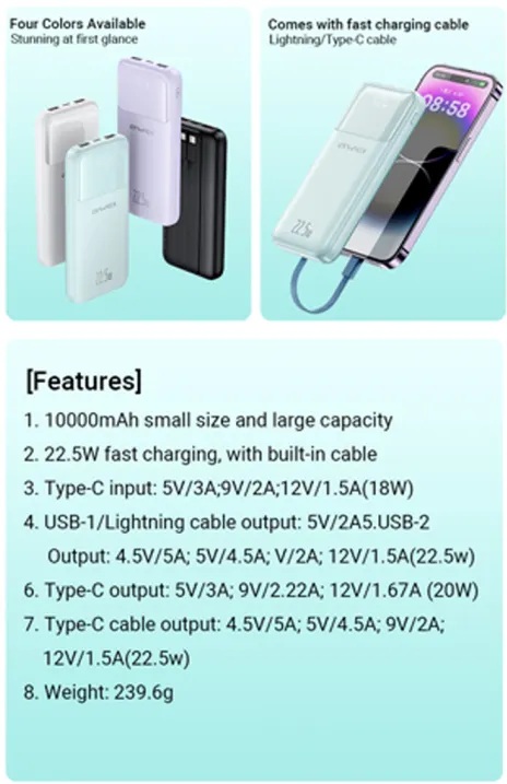 Awei P106K 10,000 Power Bank 1W PD Fast Charging 22.5W RPP-300  With Cable Type-C 