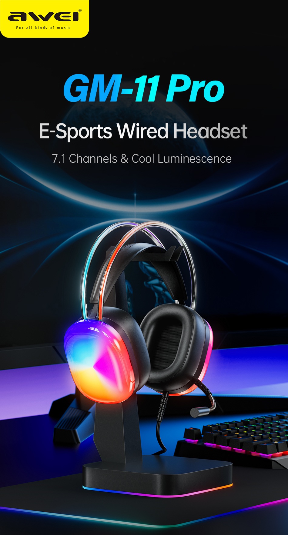 Awei GM-11 Wired HeadphoneSurround Sound Dynamic Lighting Gaming Headset With Mic