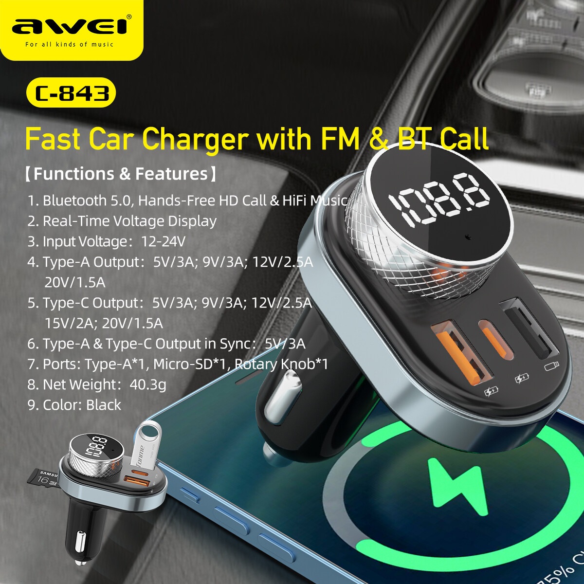Awei C-843 Fast Car Charger Dual USB Audio Player TF Bluetooth Handsfree Calling