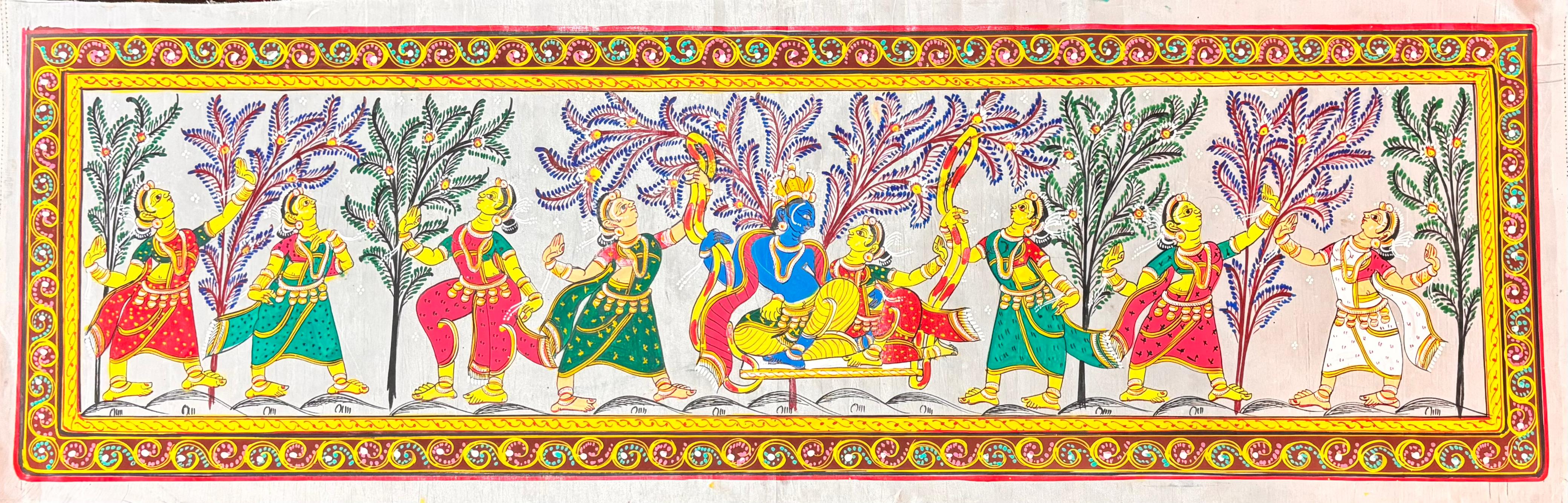 Krishna Rasaleela Tussar Silk Painting  (14x42 inch)