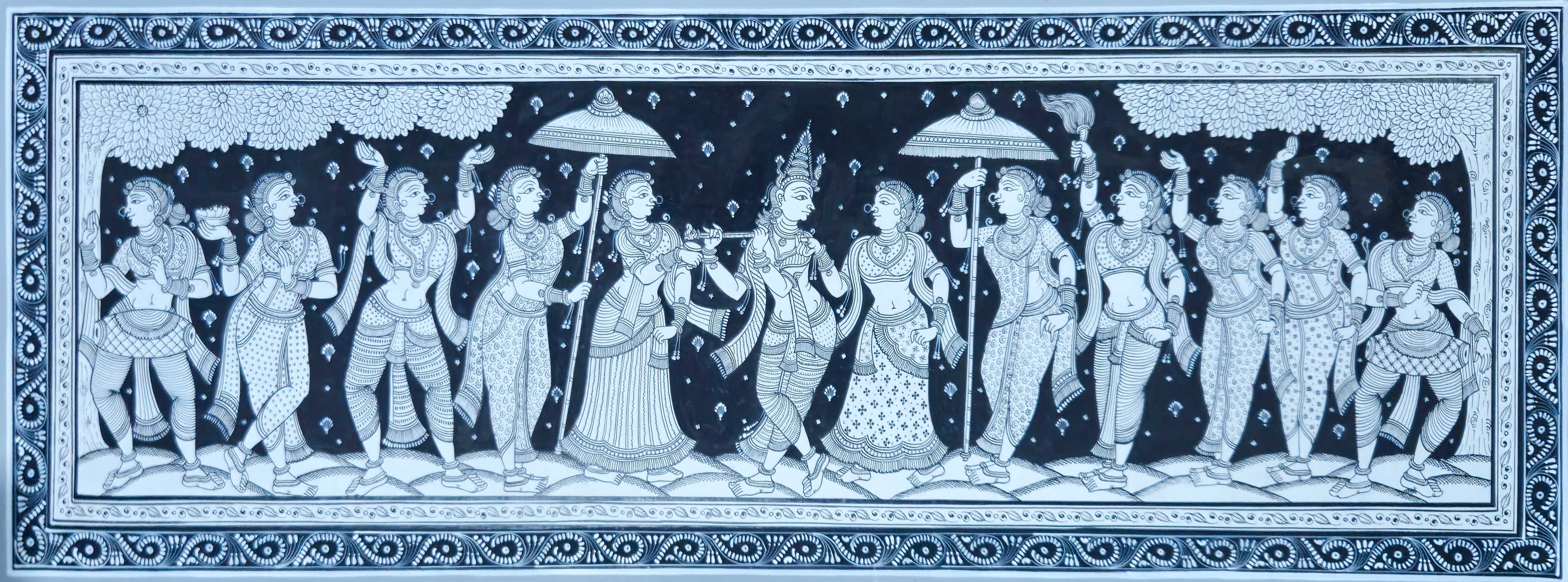 Pattachitra Painting Radha Krishna Raas Leela (14x40 inch)