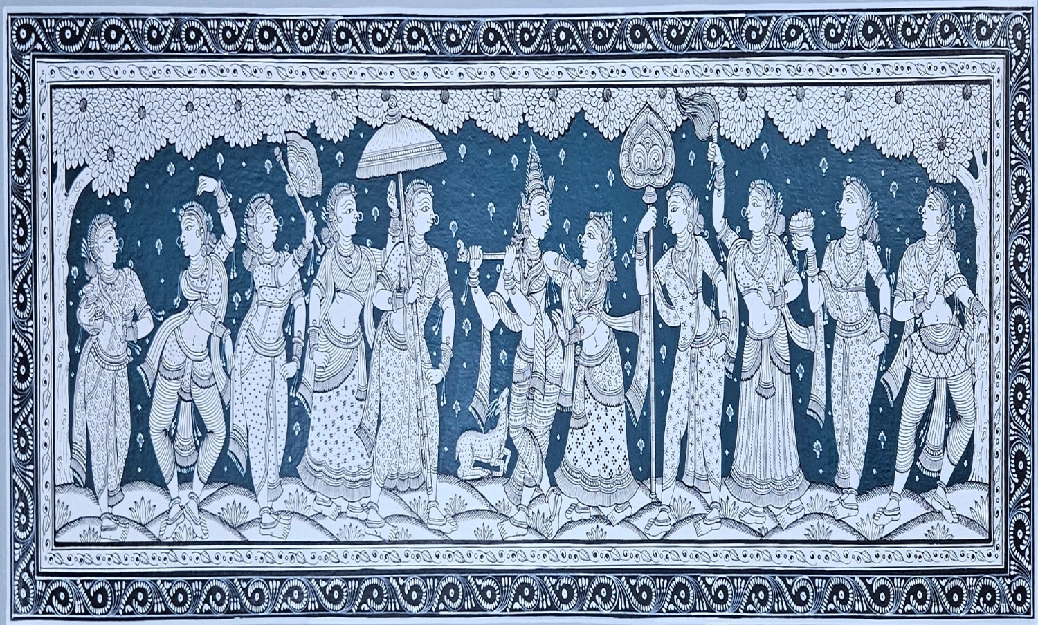 Pattachitra Painting: Radha Krishna Raas Leela (14x40 inch)