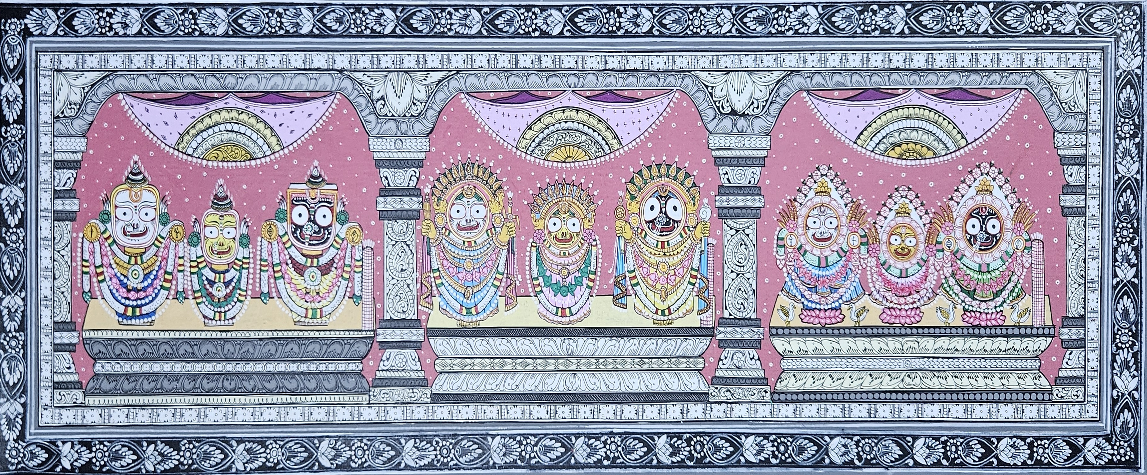 Pattachitra Painting Lord Jagannath Trinity in Padma, Suna & Bada Singara Besha (14x40 inch)