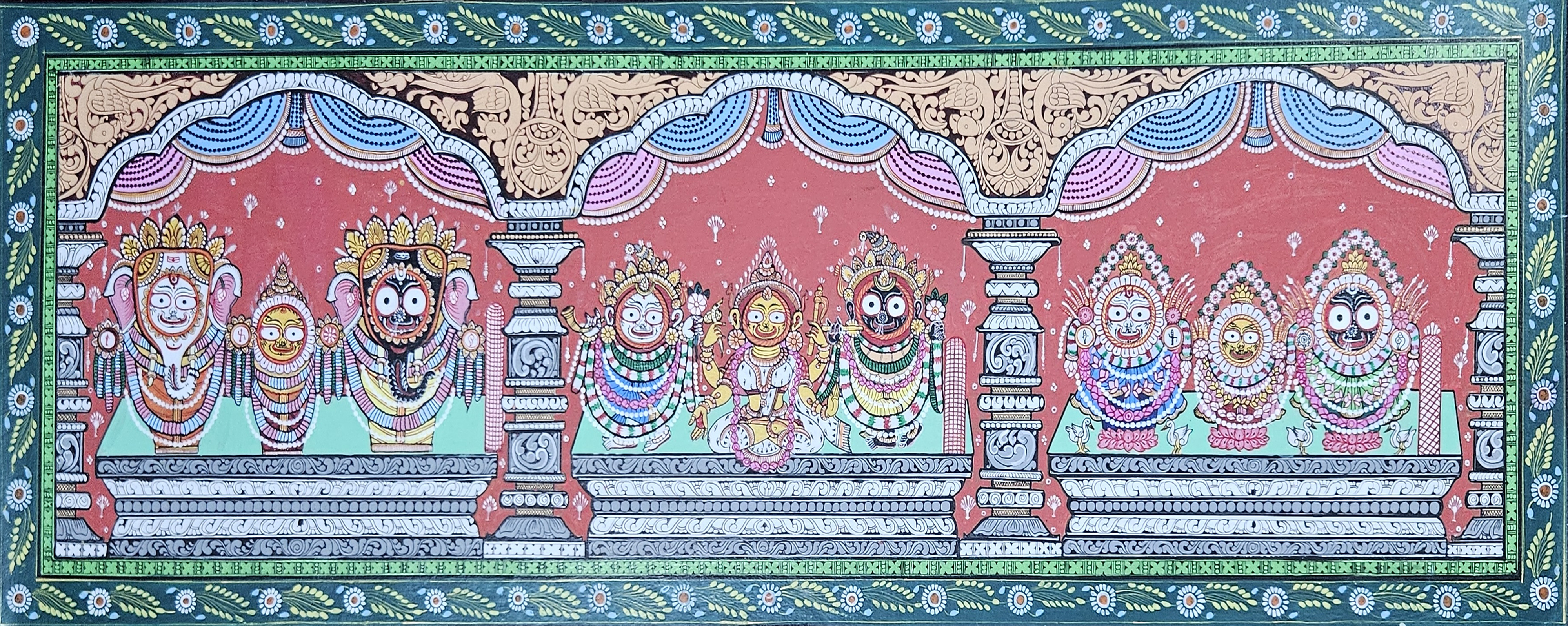 Pattachitra Painting Lord Jagannath Trinity in Padma, Suna & Bada Singara Besha (14x40 inch)