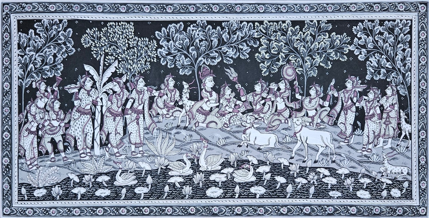 Pattachitra Painting: Lord Krishna Basanta Raas Leela (19x40 inch)