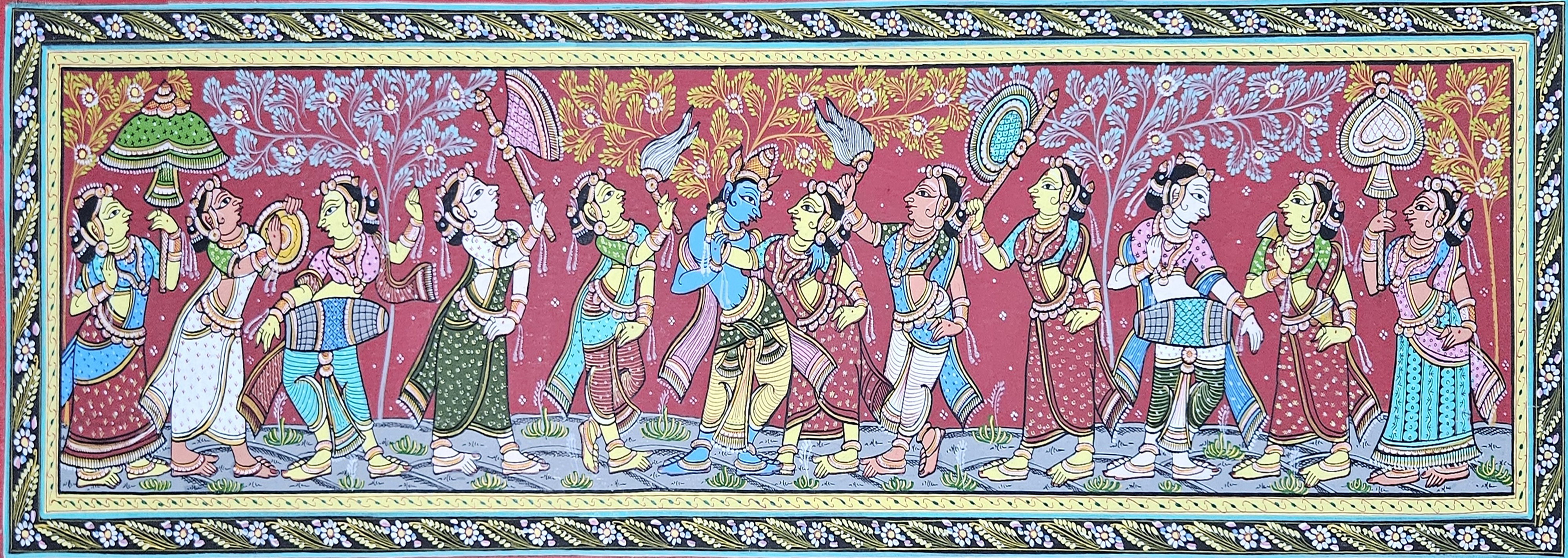 Pattachitra Painting: Radha Krishna Raas Leela (12x40 inch)