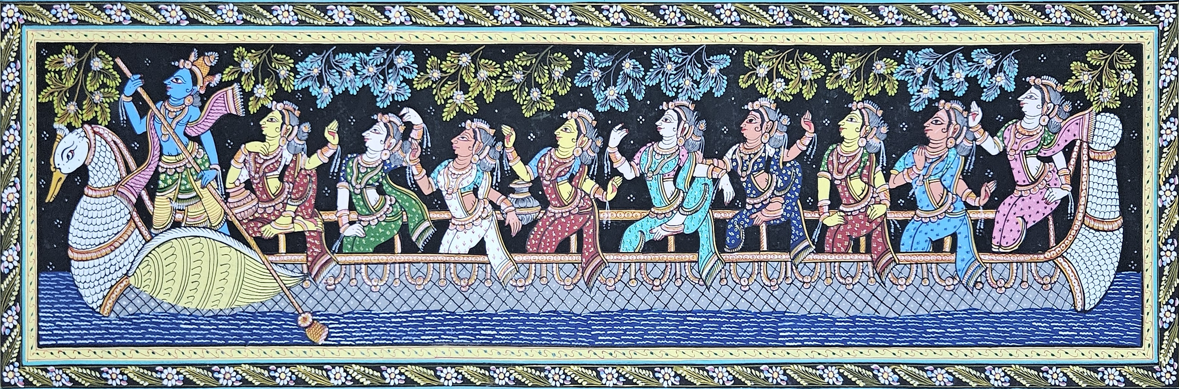 Pattachitra Painting Lord Krishna Nauka Keli with Gopis (12x40 inch)